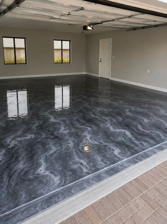 Sleek and reflective dark gray metallic epoxy garage floor after treatment