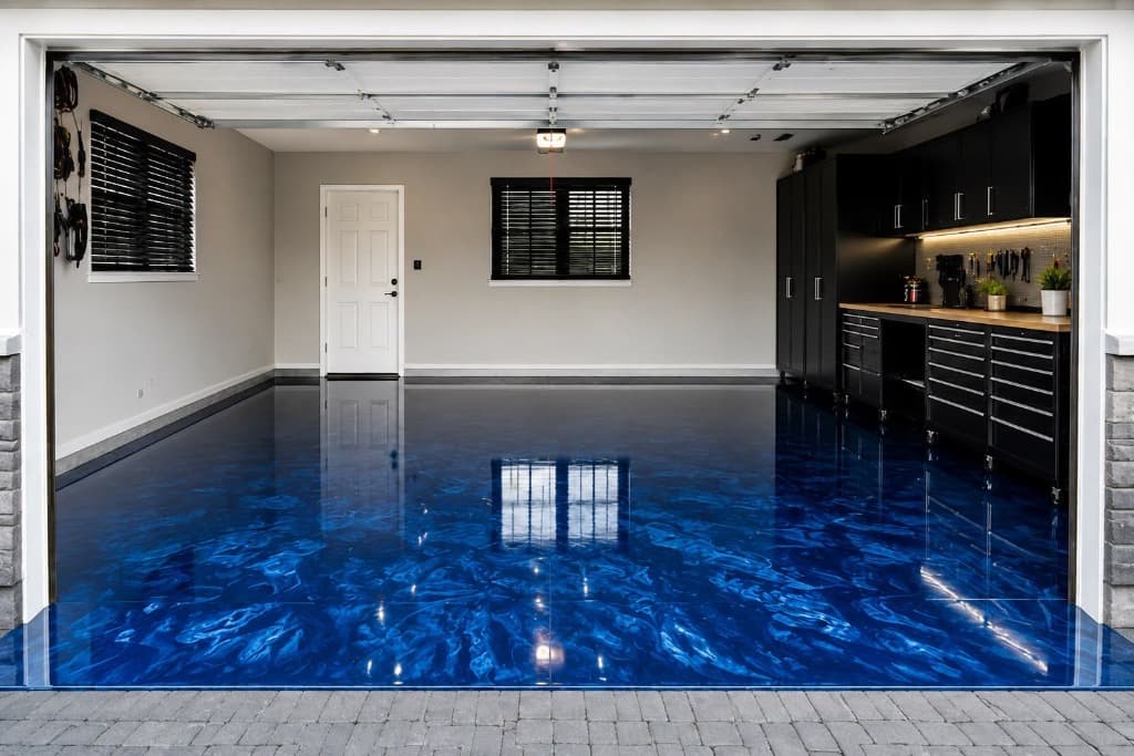 Brilliant glossy blue metallic epoxy garage floor after treatment