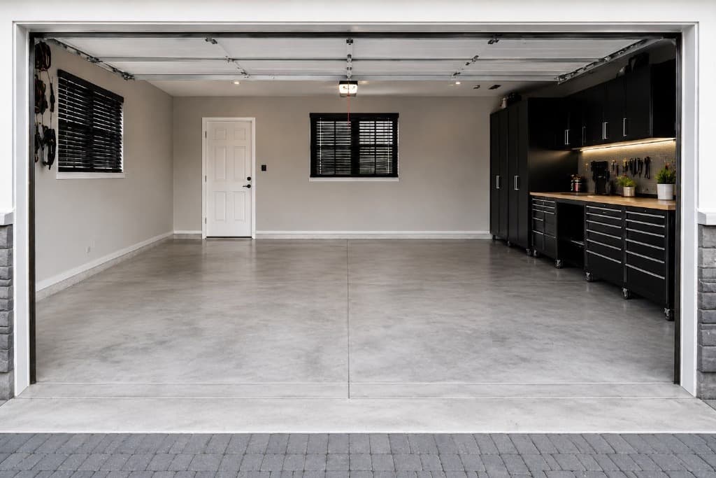 Standard gray concrete garage floor before treatment